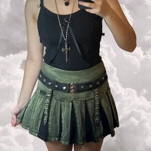 Tripp NYC Green Pleated Punk Mini Skirt with Gothic Hardware size M